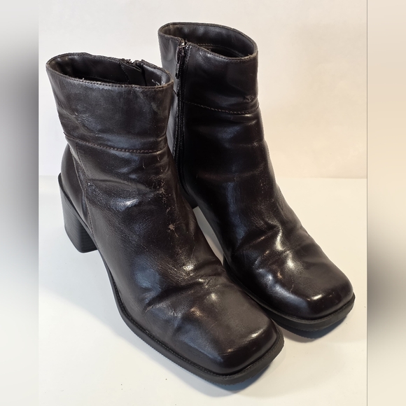 Fanfares Women's Leather Ankle Booties Dark Brown Zip Up Block Heels Size 10 - Picture 1 of 10